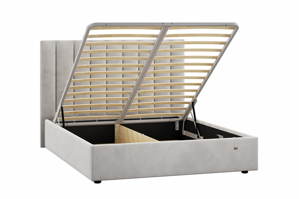 Спальня Дакота композиция 1 меренга, белый, с кроватью Ингрид/Ingrid 1600 велюр ультра смог/ultra smoke, пуф Альба 450 велюр ультра смог/ultra smoke