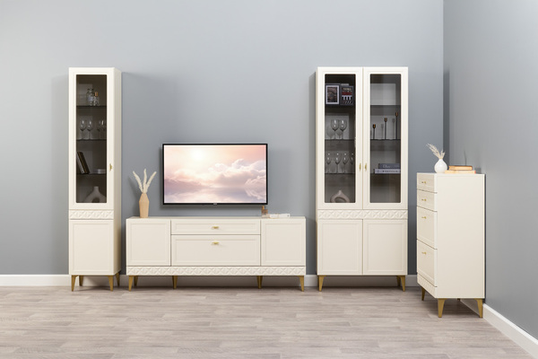 Шкаф-витрина Марион 16.397.01 слоновая кость С341 PE, слоновая кость 6898 ПВХ (собирается на любую сторону)