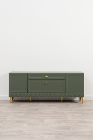 Гостиная Марион композиция 2 дымчатый зеленый K521, олива шагрень AG 1050 ПВХ, белый PE шагрень (собирается на любую сторону)